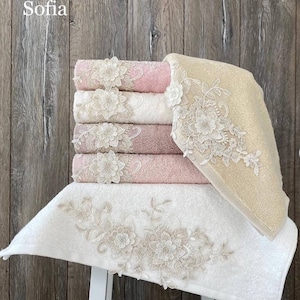 SOFIA, Set of 6, 50x 90 cm (20x35 inches) French Lace Turkish Soft Lux Hand Face Bath Bamboo Towels, Bridesmaid Wedding Gift,