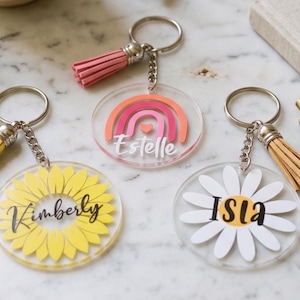 Personalised Acrylic Keyring: Floral, Rainbow, Bow, School Bag Tag for teacher, Christmas present