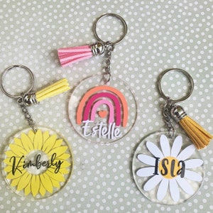 Personalised keyrings | acrylic keyrings | sunflower daisy or rainbow school bag tags | car keychain | floral gift