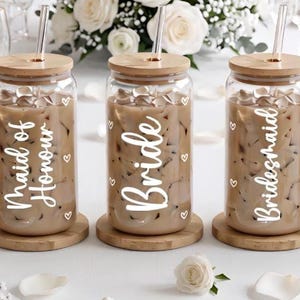 Personalised Iced Coffee Cups with Bamboo Lids, Custom Bridesmaid proposal | Bridal Party Glasses