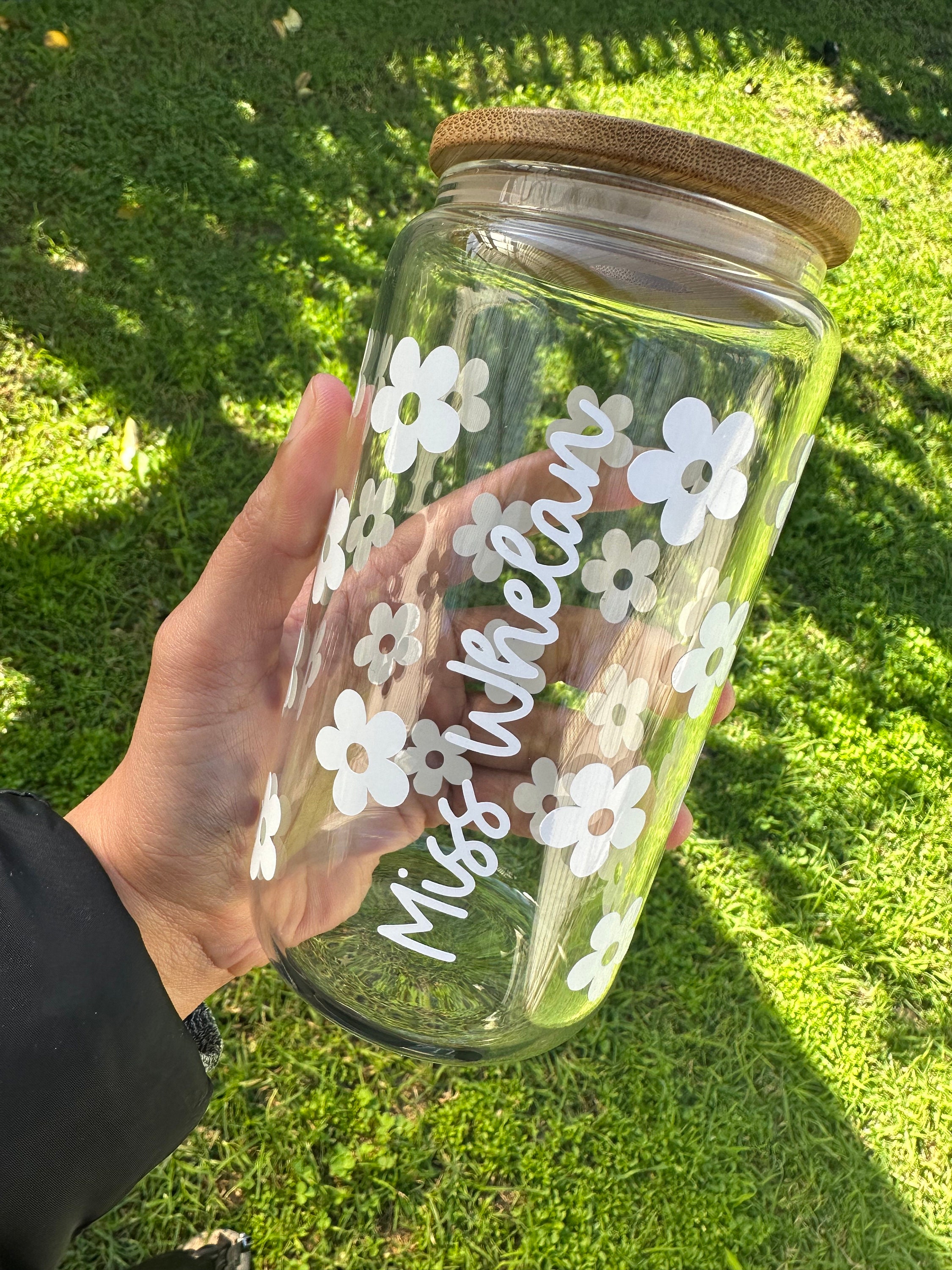 Daisy Glass Can, Flower Iced Coffee Cup With Bamboo Lid - Etsy Australia
