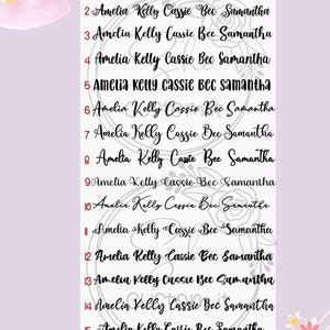 May include: A list of 16 different font styles for the names Amelia, Kelly, Cassie, Bec, and Samantha. The fonts are numbered 1 through 16. The image includes the text "Choose a font" at the top.