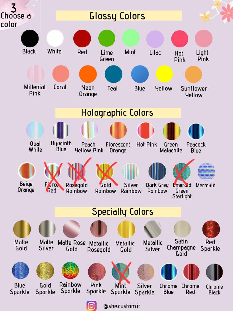 May include: A chart displaying a range of nail polish colour options, categorised into Glossy Colors, Holographic Colors, and Specialty Colors. Each category features a selection of colours, including black, white, red, lime green, mint, lilac, hot pink, light pink, millennial pink, coral, neon orange, teal, blue, yellow, sunflower yellow, opal white, hyacinth blue, peach yellow pink, florescent orange, hot pink, green malachite, peacock blue, beige orange, fierce red, rosegold rainbow, gold rainbow, silver rainbow, dark grey rainbow, emerald green starlight, mermaid, matte gold, matte silver, matte rose gold, metallic rosegold, metallic gold, metallic silver, satin champagne gold, red sparkle, blue sparkle, gold sparkle, rainbow sparkle, pink sparkle, mint sparkle, silver sparkle, chrome blue, chrome red, and chrome black.
