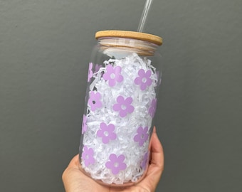 Daisies glass can, flower ice coffee glass cup, flower cups, mum cups, christmas gift, birthday gift for her