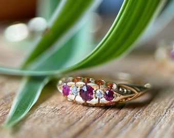 Antique 18ct Gold Ruby & Diamond 'Boat' Ring