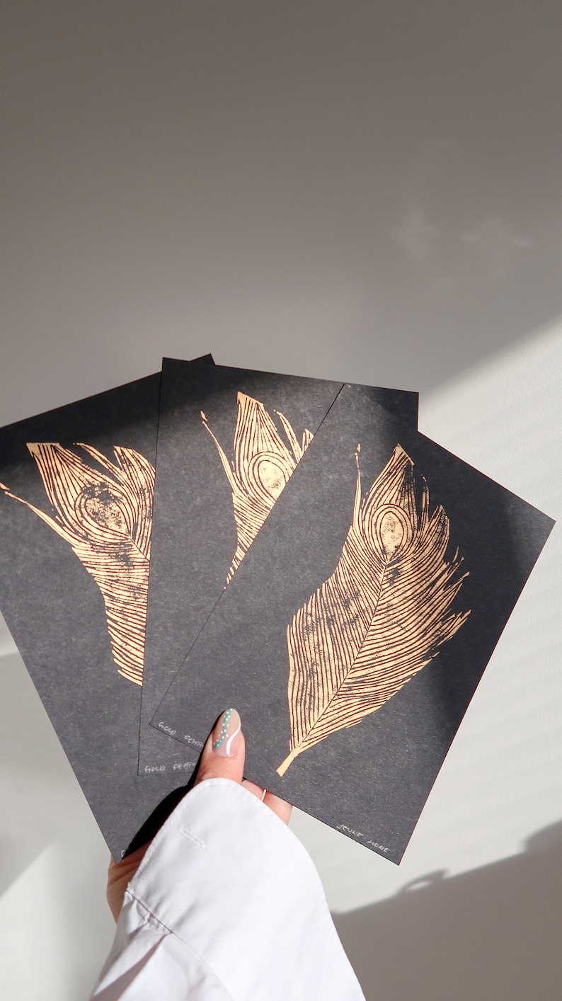 Gold Feather Linocut Print Hand Pressed Print Black and Etsy
