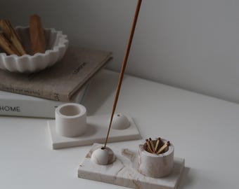 White or marble effect incense holder, travertine style decor, neutral home decor
