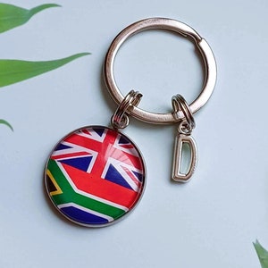 Chaveiro com bandeira da África do Sul e Union Jack, pingente de letra personalizado, chaveiro com bandeira da África do Sul e Union Jack, chaveiros com bandeira da África do Sul