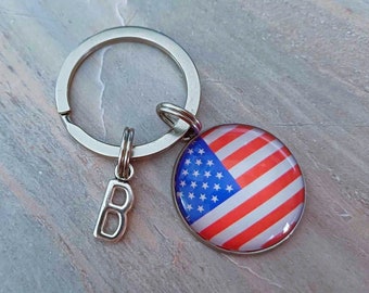 USA flag keyring letter personalized, USA charm keyring. USA flag gifts. usa. Keyrings. usa Keyring. United States of America keyrings