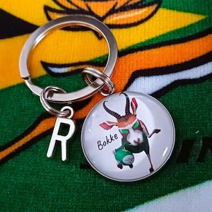 Chaveiro Bokke, chaveiro Bokke, chaveiro de rugby sul-africano Bokke, chaveiro Springboks, rugby sul-africano, adicione pingente de letra personalizado