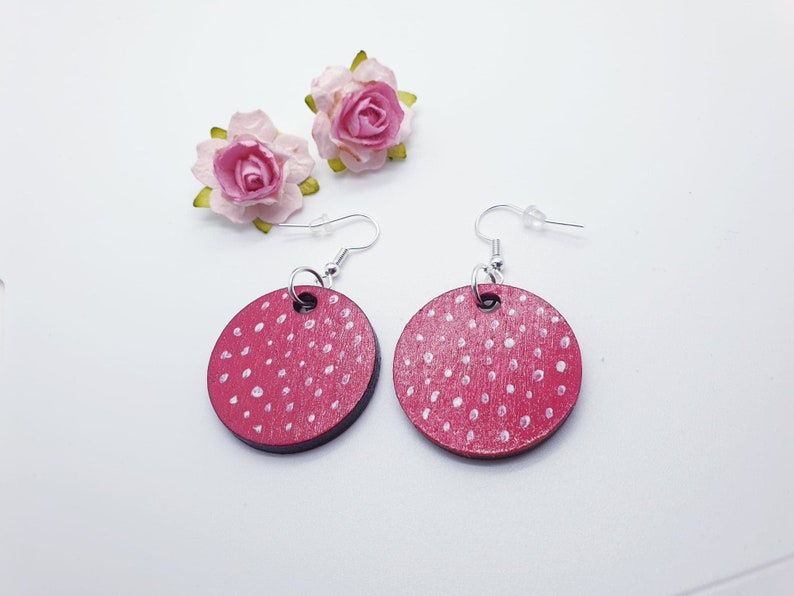 polka dot earrings Hand painted polka dot earrings wood earrings pink hand painted earrings polka dot art,pink and white polka earrings