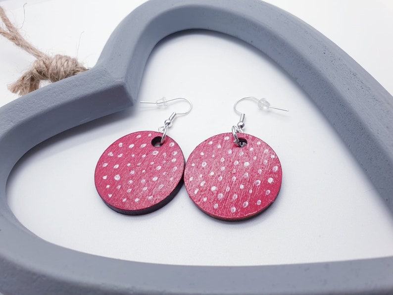 polka dot earrings Hand painted polka dot earrings wood earrings pink hand painted earrings polka dot art,pink and white polka earrings