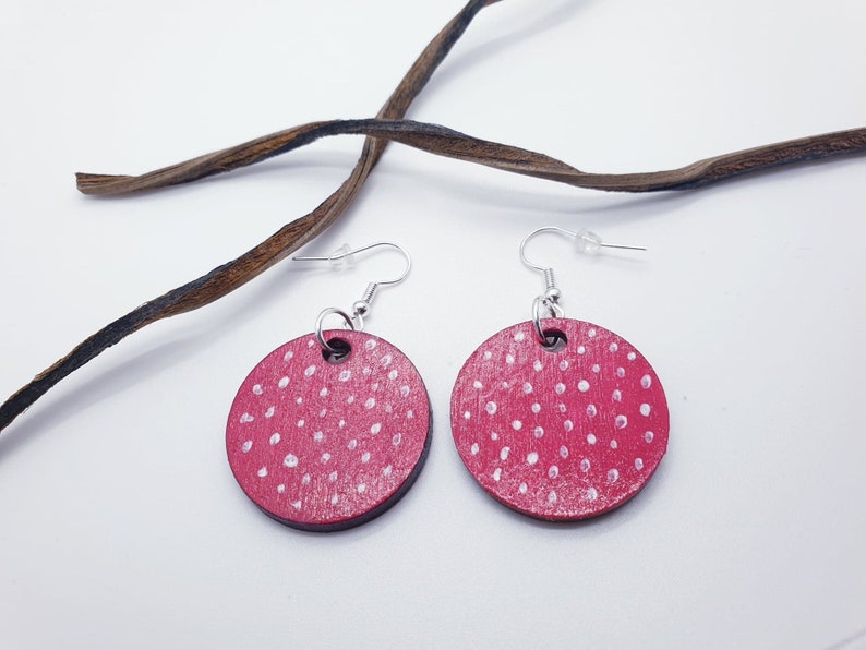 polka dot earrings Hand painted polka dot earrings wood earrings pink hand painted earrings polka dot art,pink and white polka earrings