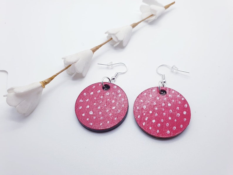 polka dot earrings Hand painted polka dot earrings wood earrings pink hand painted earrings polka dot art,pink and white polka earrings