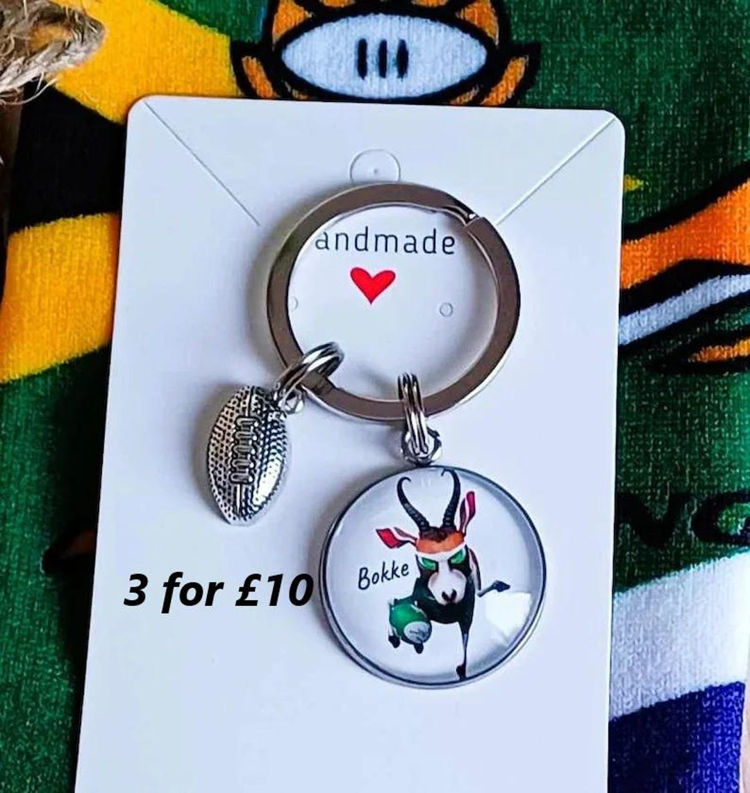 Ruby Key Rings 3 Bokke With Rugby Ball Charm Keyrings, Bokke Domed Keyrings, South ...