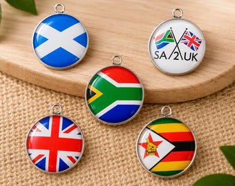 Flag keyring charms, flag charms, keyring flags, South Africa, Union Jack, Zimbabwe, Scotland, SA2UK