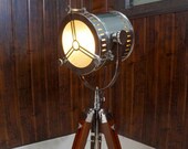 Large Vintage Nautical Tripod Theater Floor Lamp Studio Search Light