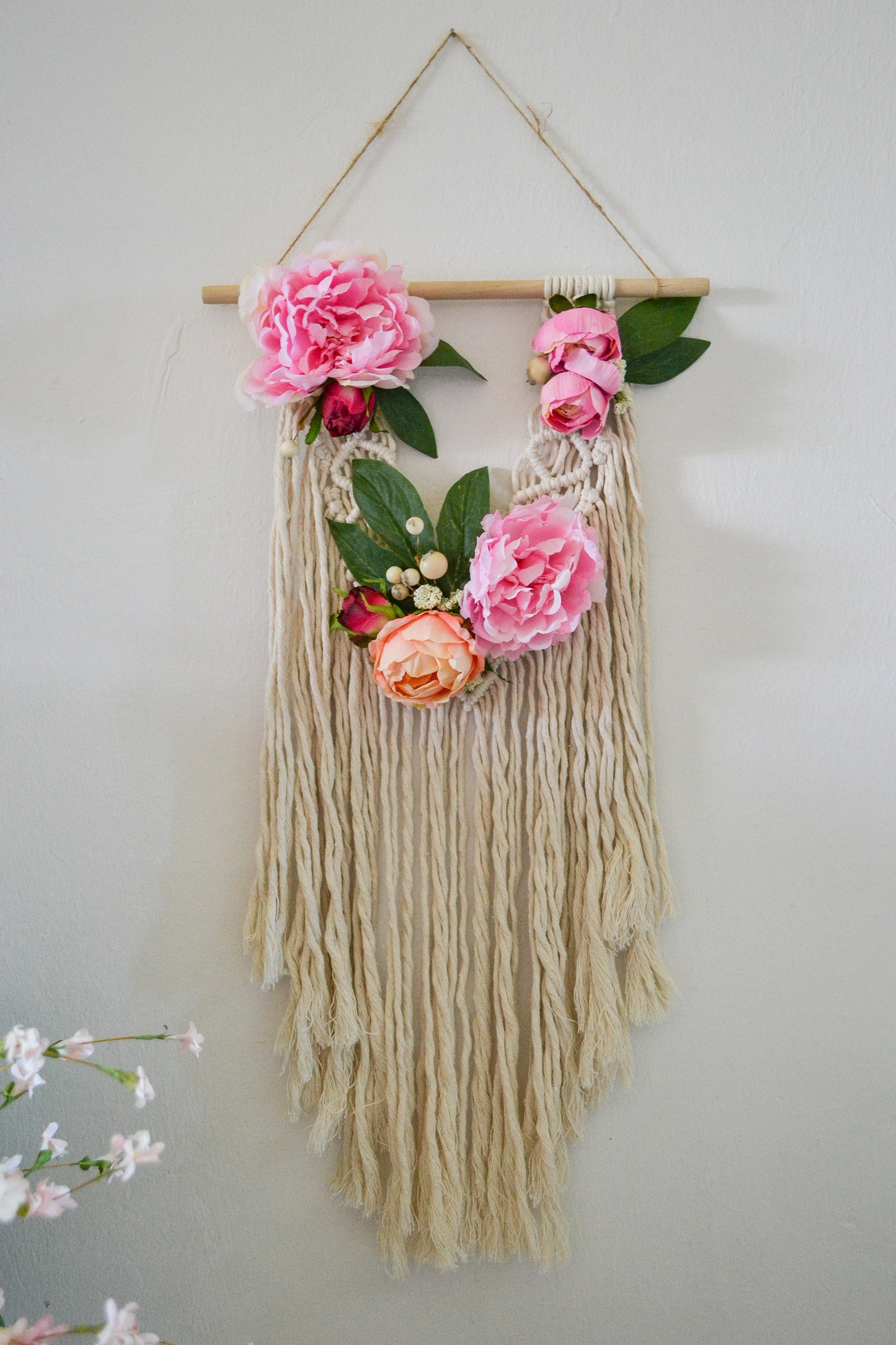 Boho Chic Pink Floral Macrame Wall Hanging Decor Handmade - Etsy - Boho Chic Wall Hangings