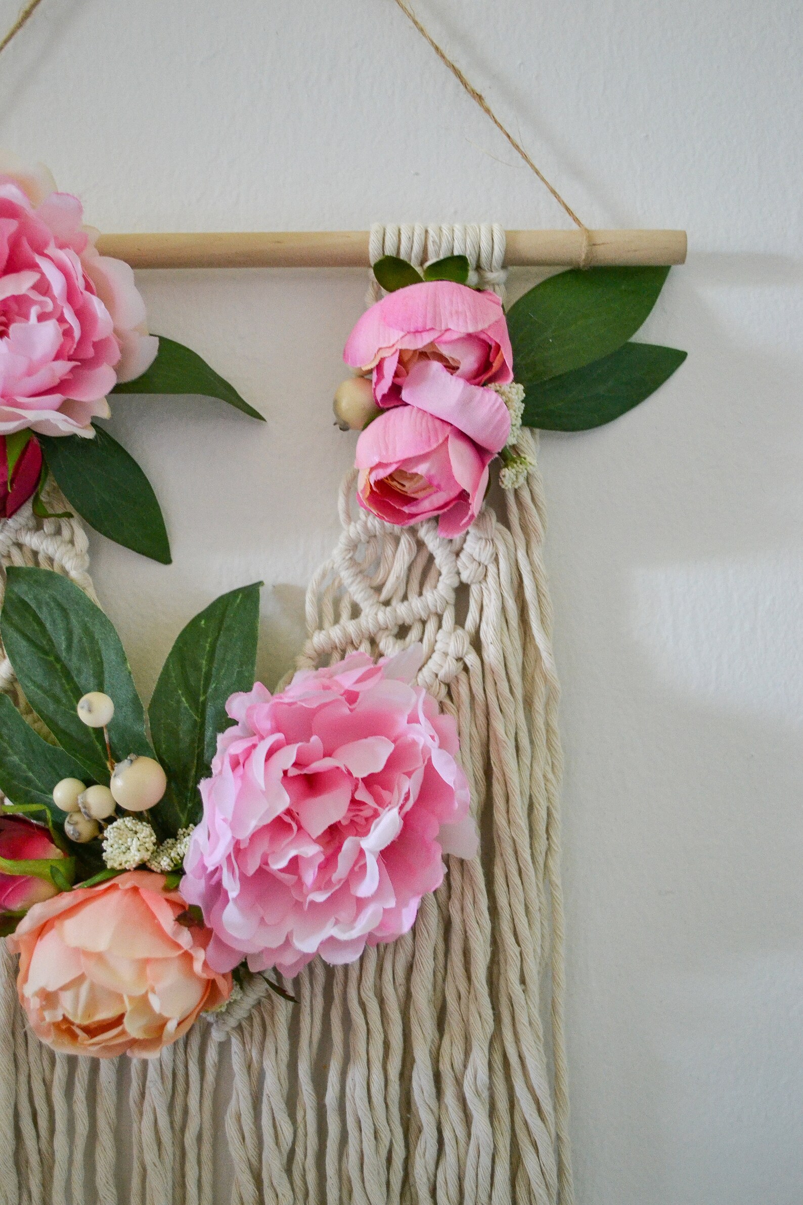 Image showcasing Boho Chic Pink Floral Macrame Wall Hanging Decor Handmade - Etsy