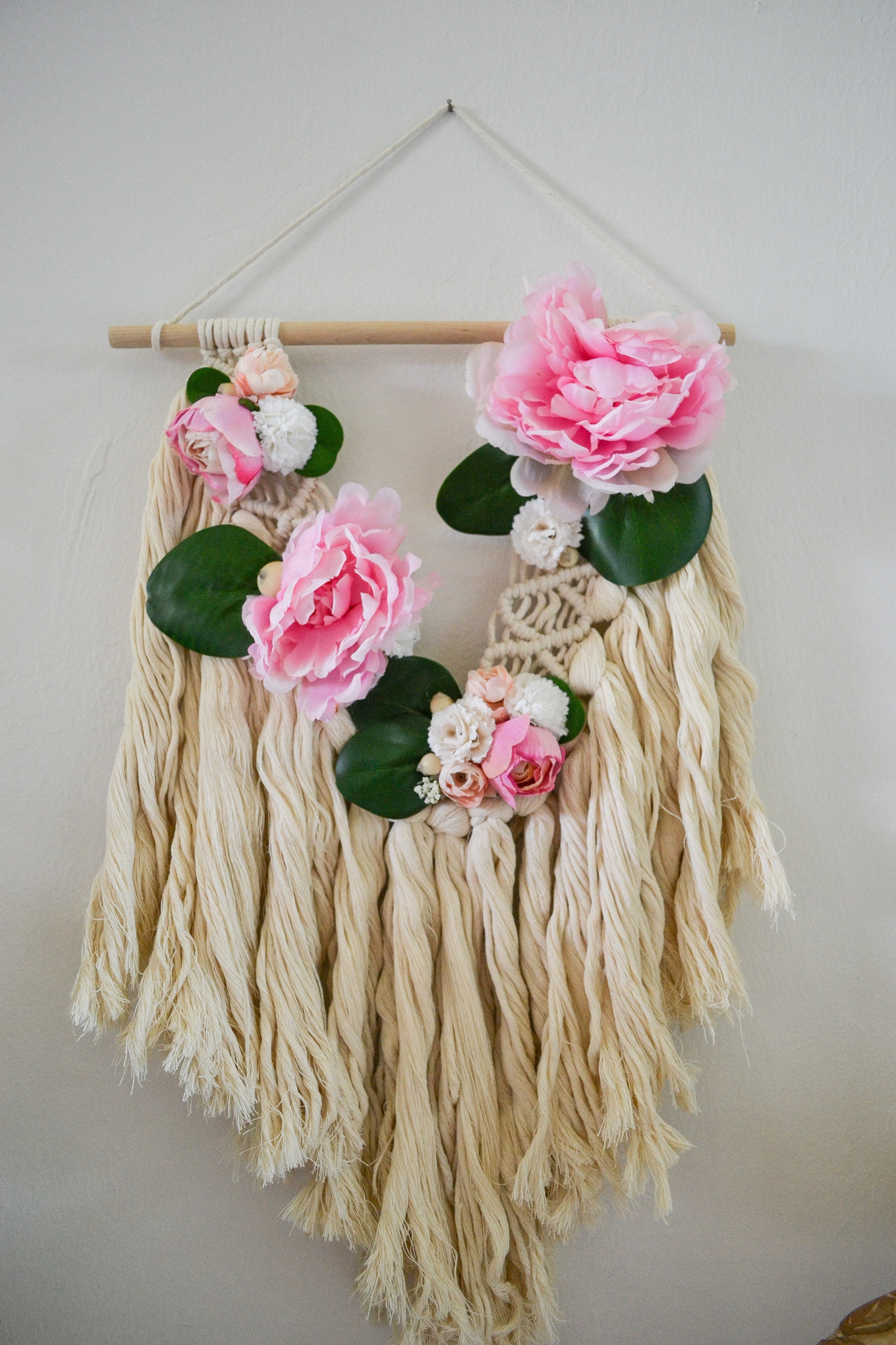 Image showcasing Boho Chic Pink Floral Macrame Wall Hanging Decor Handmade Chunky Fringe ...