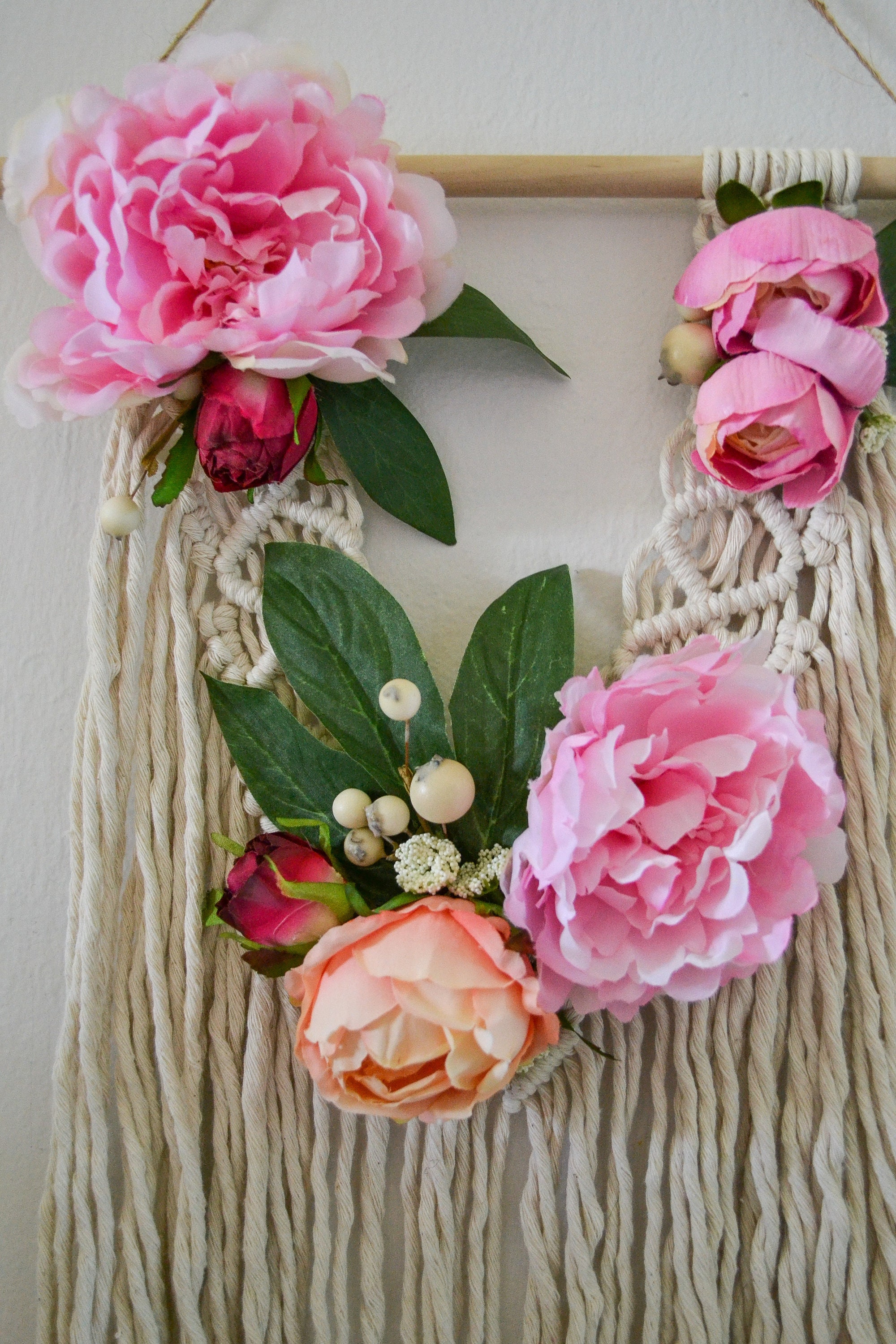 Image showcasing Boho Chic Pink Floral Macrame Wall Hanging Decor Handmade Bohemian Wall ...