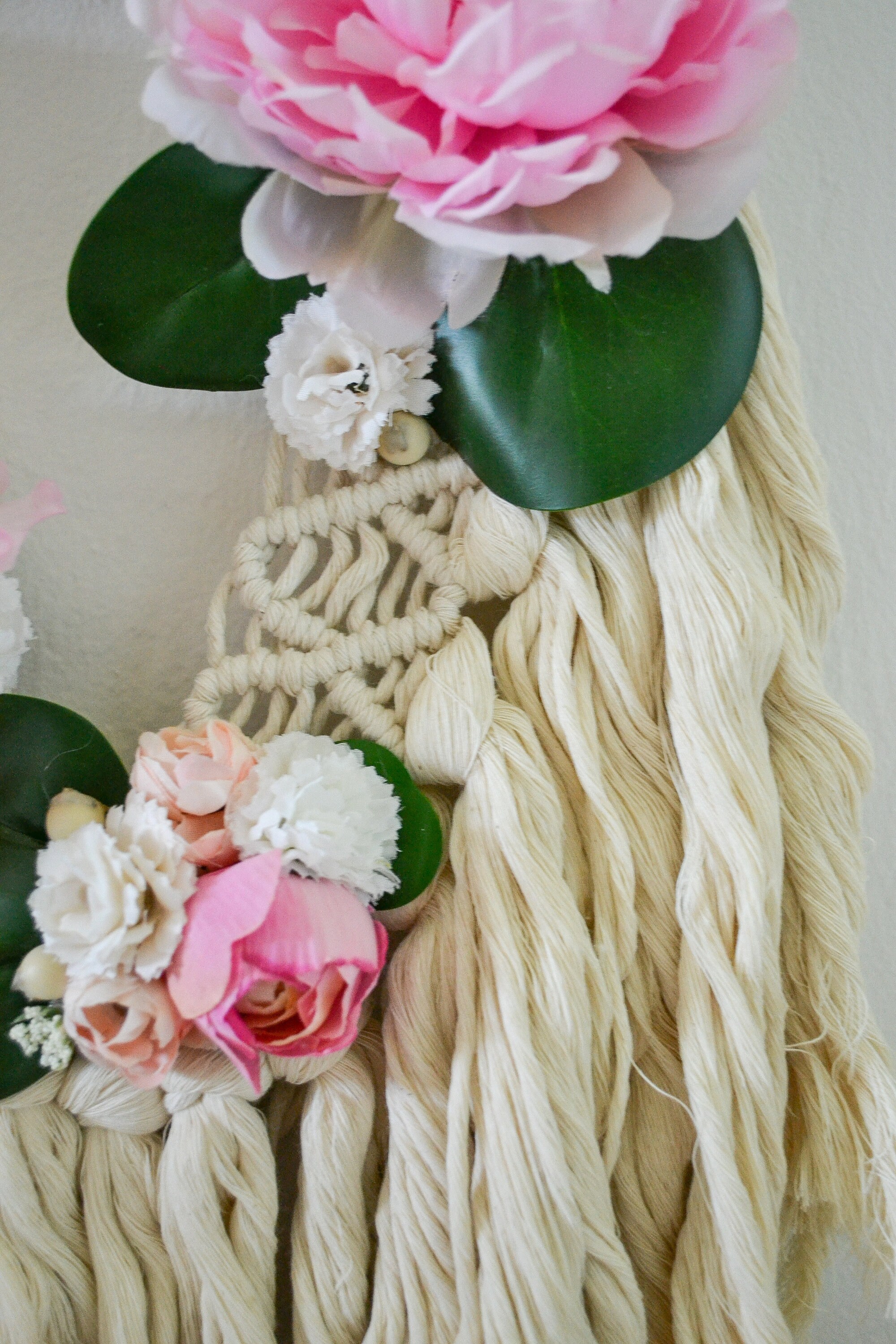 Picture of Boho Chic Pink Floral Macrame Wall Hanging Decor Handmade Chunky Fringe ...