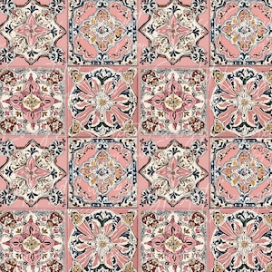 May include: A seamless pattern of pink, blue, and white tiles with intricate floral designs. The tiles are arranged in a grid pattern and have a vintage aesthetic.