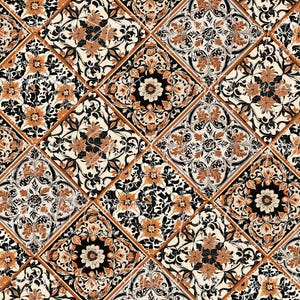 May include: A seamless pattern of black, white, and orange tiles with intricate floral designs. The tiles are arranged in a diamond pattern.