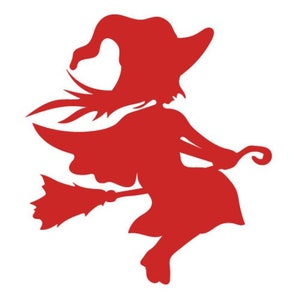 Könnte beinhalten: Rote Silhouette einer Hexe auf einem Besen. Die Hexe trägt einen spitzen Hut und einen Umhang, ihr Haar weht hinter ihr. Das Bild ist vor einem weißen Hintergrund, ideal für Halloween.