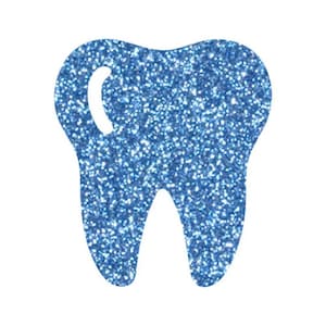 Könnte beinhalten: Ein blauer Glitzerzahn, eine lustige und fantasievolle Dekoration für ein Kinderzimmer oder eine Zahnarztpraxis.