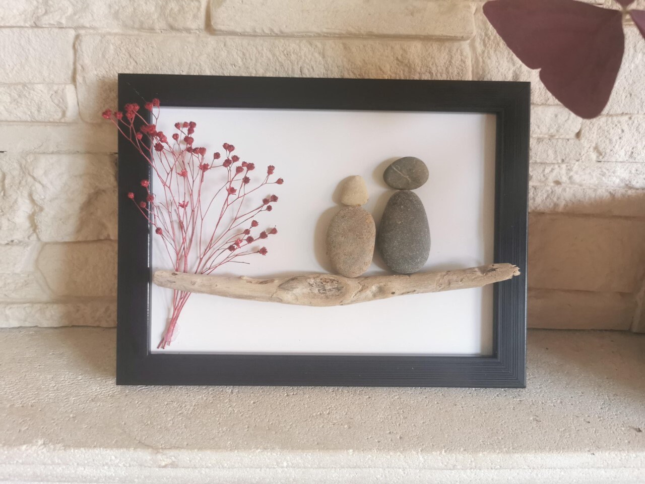 Cadre Galets Bois Flotté Fleurs Séchées