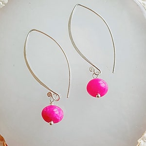 Neon Pink Sterling Silver Earrings, Jade Gemstone Hook Earrings, Bright Summer Earrings