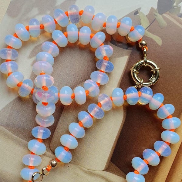Summer Opalite Necklace, Neon Hand Knotted Necklace, Candy Necklace, Gold Plated Sailor Clasp, Opalite Jewelry