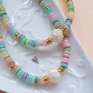 Beaded Shell Necklace, Pastel Seashell Choker, Pearl Beaded Necklace, Handmade Ocean Jewelry
