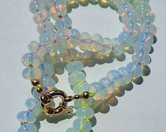 Hand Knotted Opalite Necklace, Gemstone Rainbow Necklace, Opalite Crystal Bead Necklace