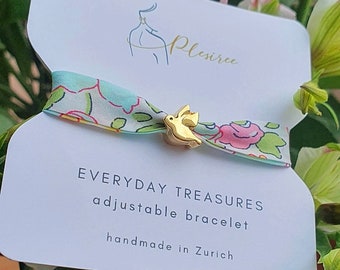 Liberty of London Fabric Bracelet: Gold Bird Charm, Adjustable