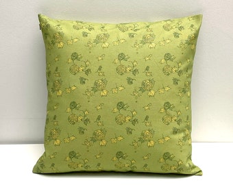 Botanical patterned green cotton cushion with Spring Garden hand drawn pattern for house or garden with down pad and invisible zip.