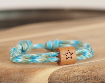 myjori wooden bracelet star, star child, sailing rope, bracelet with engraving