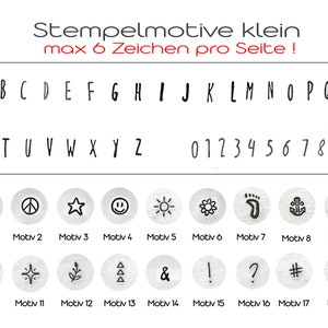 May include: A reference sheet for small stamp motifs. The sheet includes the alphabet, numbers, and various symbols such as a heart, peace sign, star, smiley face, flower, footprint, anchor, tree, sun, and bear.