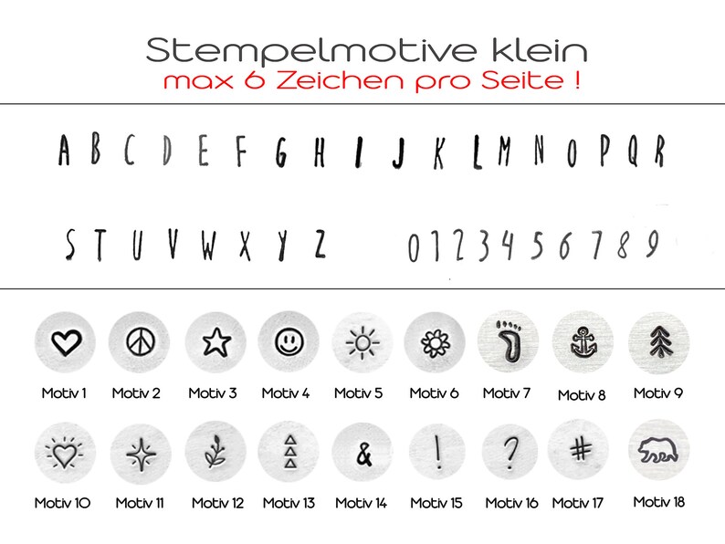May include: A reference sheet for small stamp motifs. The sheet includes the alphabet, numbers, and various symbols such as a heart, peace sign, star, smiley face, flower, footprint, anchor, tree, sun, and bear.