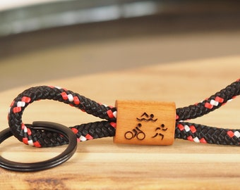 Personalized wooden keychain made of sailing rope with engraving | Triathlon | Sports