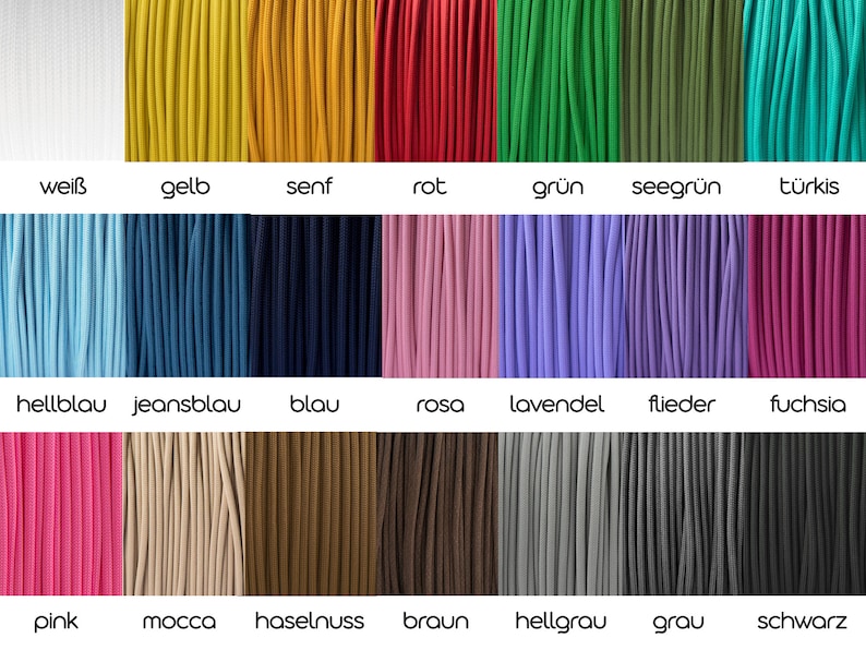 May include: A color palette of cords in various shades, including white, yellow, red, green, and blue. The image displays a range of colors with German text labels underneath each color, such as "wei&szlig;" and "gelb".