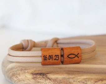 Wooden Bracelet Fish, Sailing Rope, Communion, Confirmation, Baptism