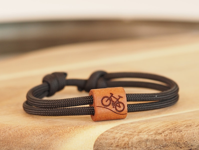 myjori mountain bike wooden bracelet, bicycle, mountains, sailing rope, bracelet with engraving, wooden jewelry image 1