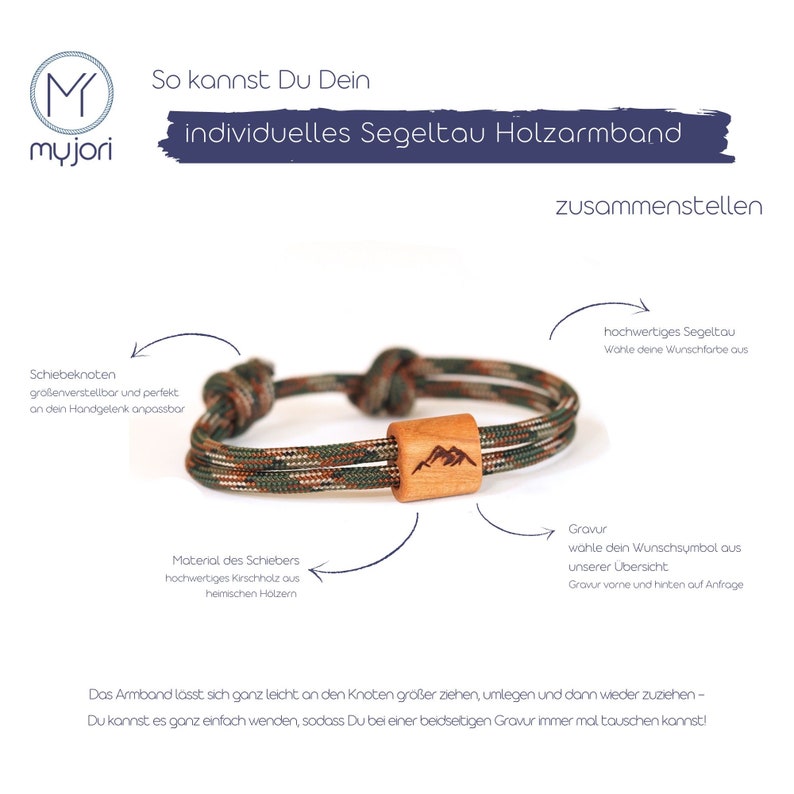 Bracelet de montagne en bois d'alpiniste en corde à voile avec motif de montagne image 3