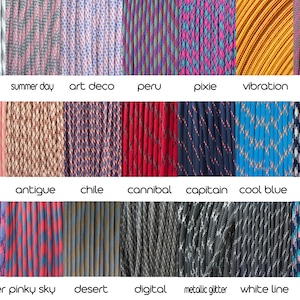 May include: A collection of colorful paracord samples, each with a unique pattern and color scheme. The samples include names like "grey stripe," "summer day," and "art deco." The image showcases a variety of textures and designs.
