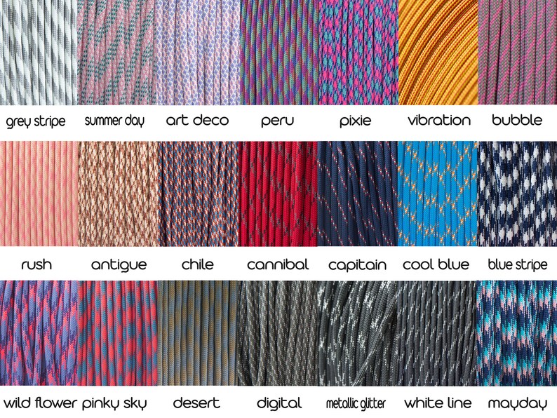 May include: A collection of colorful paracord samples, each with a unique pattern and color scheme. The samples include names like "grey stripe," "summer day," and "art deco." The image showcases a variety of textures and designs.