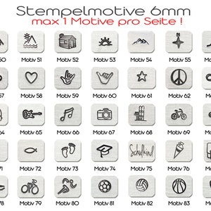 May include: A collection of 35 small, square stamps with various black line art designs, including mountains, a cabin, a heart, a peace sign, and a graduation cap. The text "Stempelmotive 6mm" is at the top.