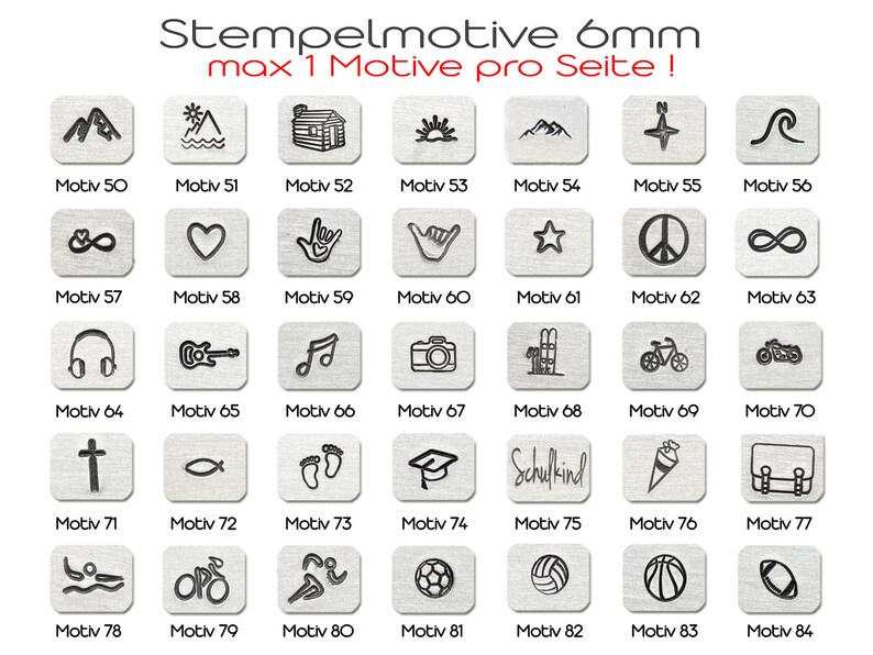 May include: A collection of 35 small, square stamps with various black line art designs, including mountains, a cabin, a heart, a peace sign, and a graduation cap. The text "Stempelmotive 6mm" is at the top.
