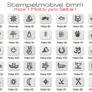 May include: A collection of 35 metal stamps with various designs, including a lighthouse, sailboat, and peace sign. Each stamp is on a square background with the text "Motiv" and a number. The text "Stempelmotive 6mm max 1 Motiv pro Seite!" is at the top.